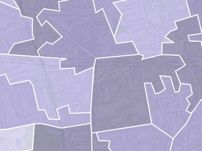 The same streets split into neighbourhoods, each shaded by its mid-2024 population estimate, with every boundary drawn.