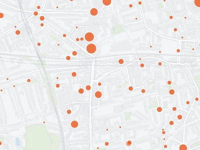 The same streets with crimes recorded in August 2026 as orange dots at shared points, larger where more were recorded.